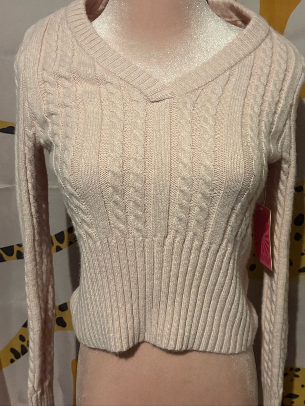 Women's Cable Knit V-Neck Sweater in Soft Pink